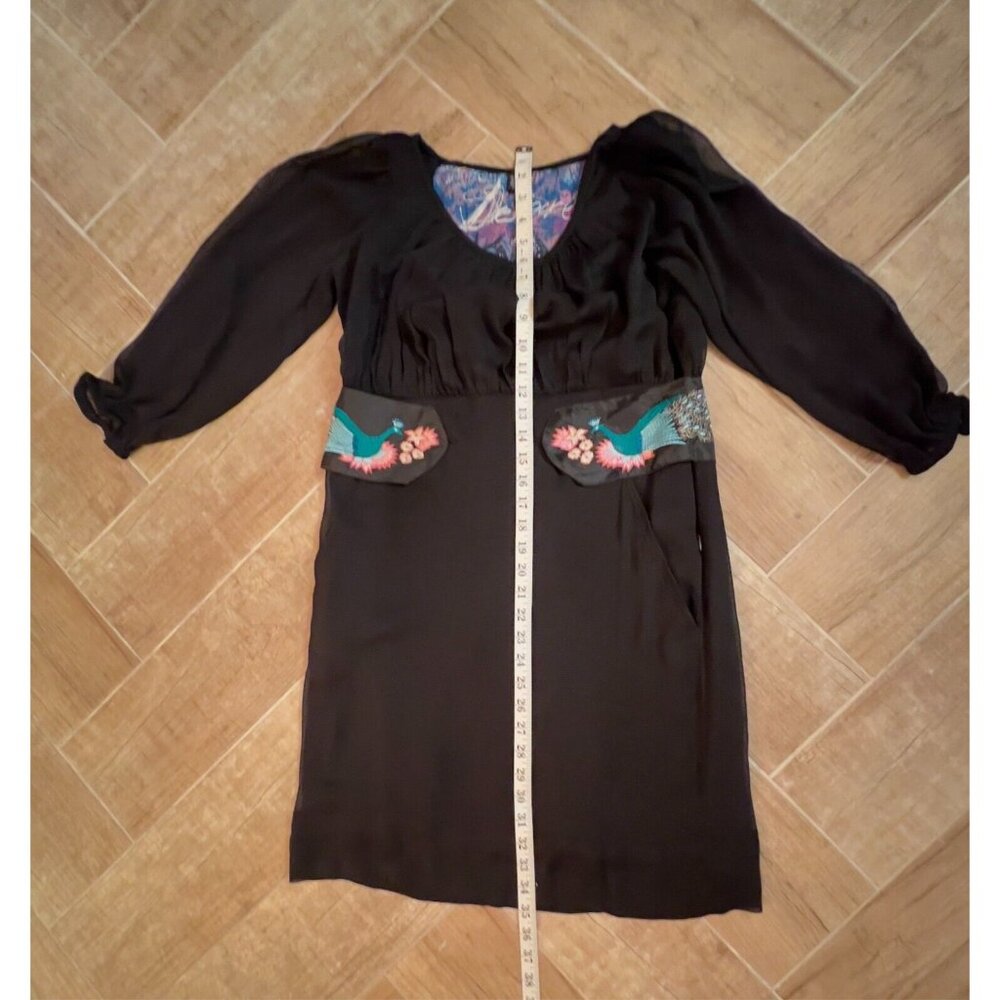 Desigual Black Dress EU 42 US L Peacock Embroidery Veil Sheer Sleeves Rochie - Picture 5 of 16